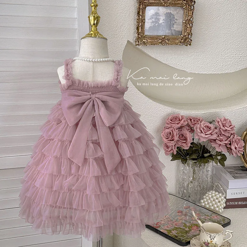 Meisjes Jurk 2024 Zomer Nieuwe Zoete Chique Rok Strik Cake Rok Halter Mesh Tutu Fee Baby Meisje Mode Effen Prinses Rokken