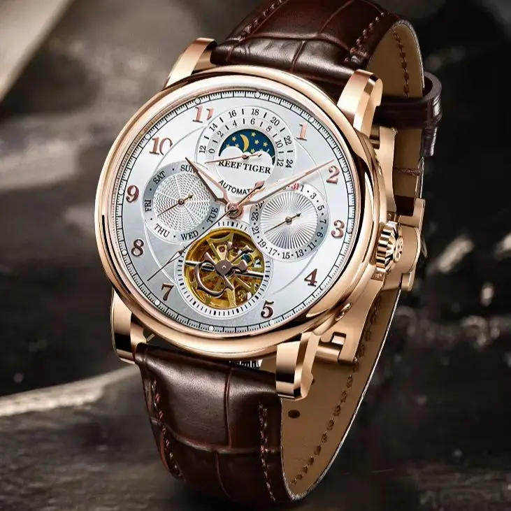 Reef Tiger Men Automatic Watch 42.5mm Mechanical Wristwatch Waterproof Luminous Multi-Dial Week Date 24 Hours Dial