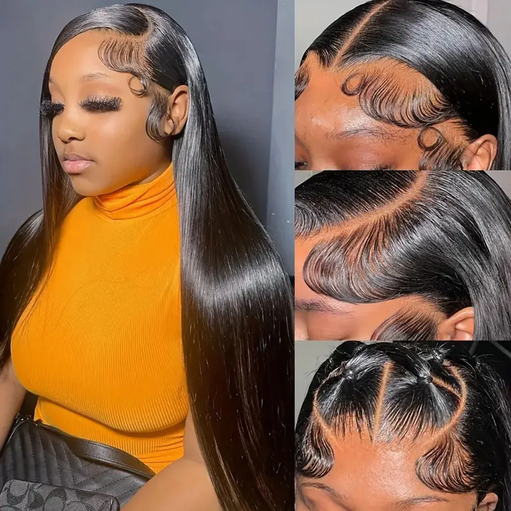 Parrucca in pizzo trasparente 13x4 per capelli umani Parrucche diritte Pre pizzicate Parrucche di colore nero naturale con densità del 200% per le donne