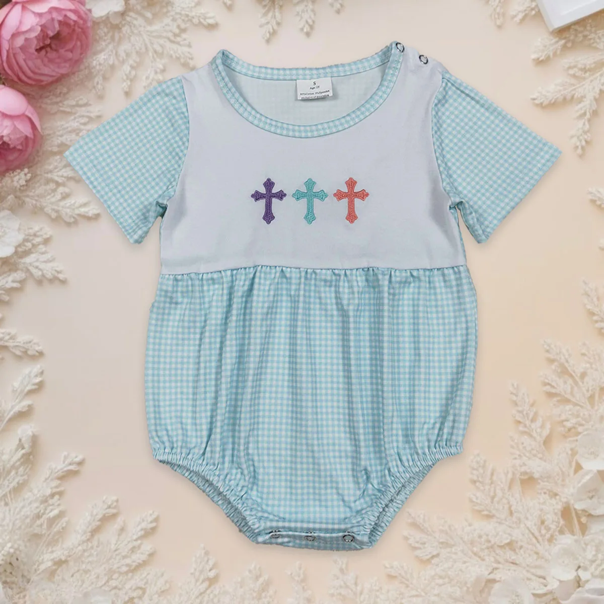 

Newborn Embroidery Coverall Bodysuit Easter Baby Infant Boy Toddler Blue Plaid Bubble Romper Jumpsuit Crosses Clothing Wholesale