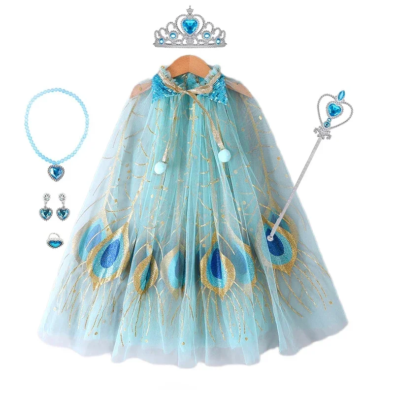 Girl Princess Costume Kids Party Accessories Cloak Crown Wand Necklace Earrings Rings Set Elsa Anna Rapunzel Aurora Tulle Cape G