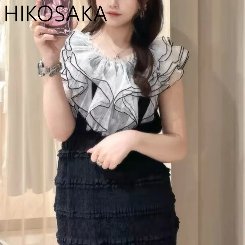 

Fashion Cascading Ruffles Sweet Blouse Summer Chic Elegant Sleeveless Pullover Shirts Japan Style Temperament Elegant Blusas