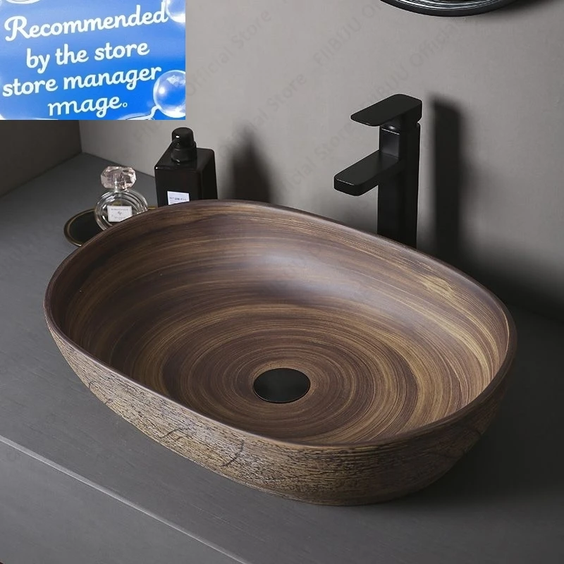 

Brown Ceramic Vessel Sink Vanity Bowl Oval Bathroom Table Sink Lavatory Balcony Art Basin Above Counter Pedestal Washing Basin
