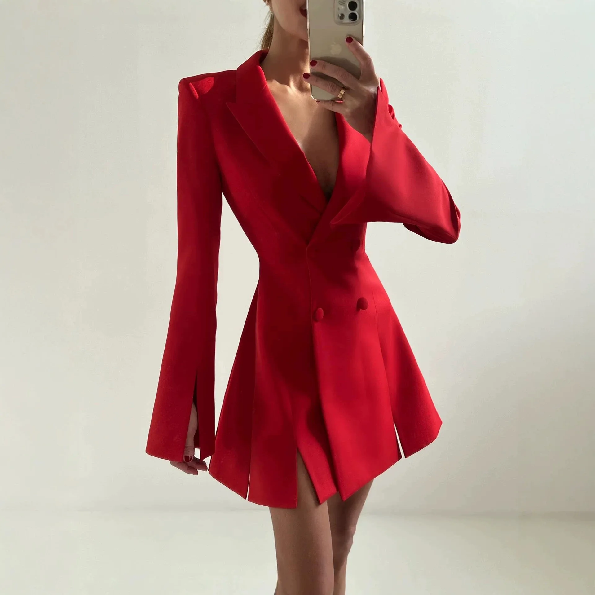 Multi-colored Waist Blazer Skirt Women's Double-breasted Horn Sleeve Split-ended Temperament Small Suit Skirt