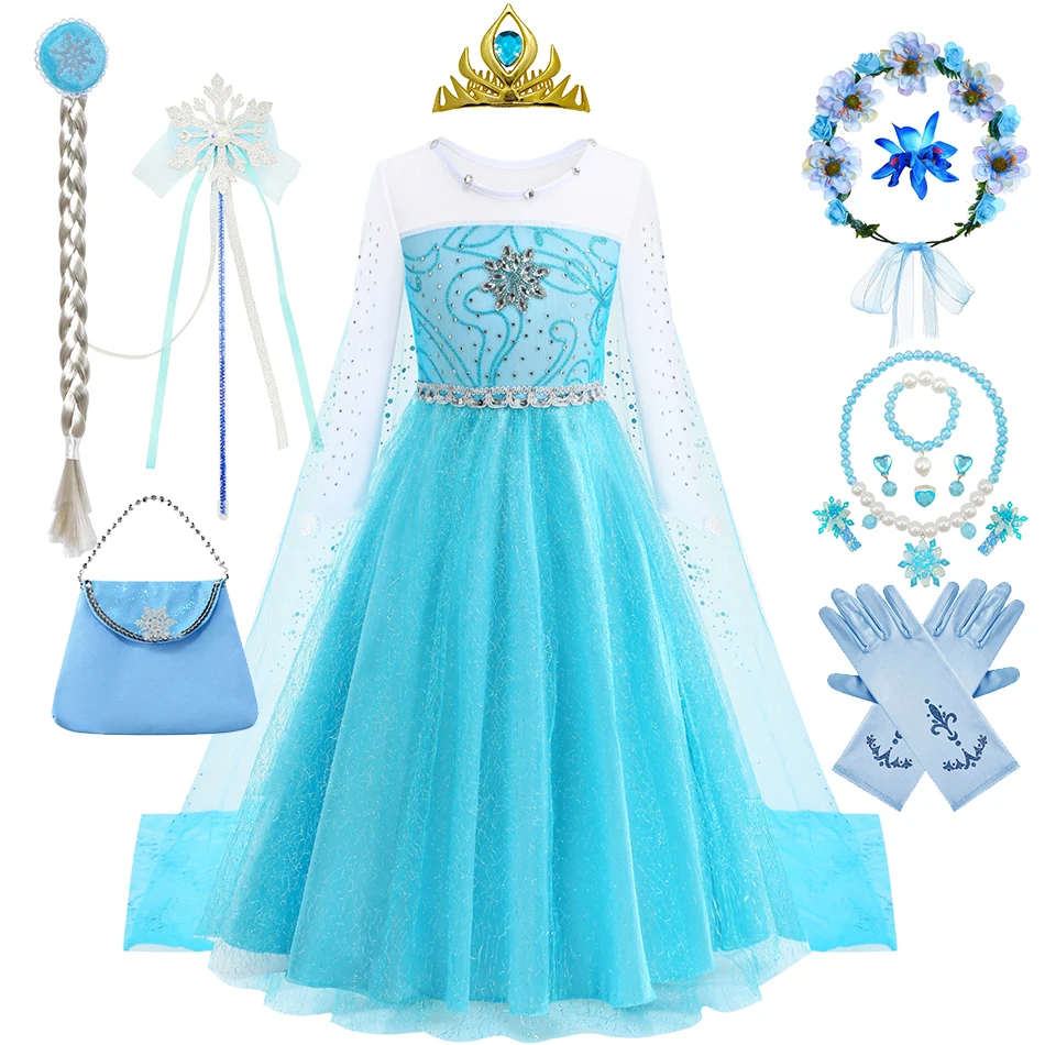 Frozen Elsa Dress For Girl Halloween Princess Elsa Cosplay Costume Kids Cartoon Role Play Disguise Birthday Party Elsa Outfits