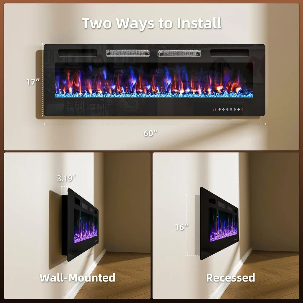 60" Ultra-Thin Electric Fireplace in-Wall Recessed,12 Flame & Ember Colors, Touchscreen/Remote Control
