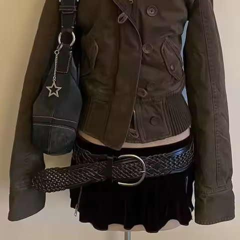 Y2k retro brown slim women jacket Harajuku street casual fur collar button zipper women jacket denim jacket women