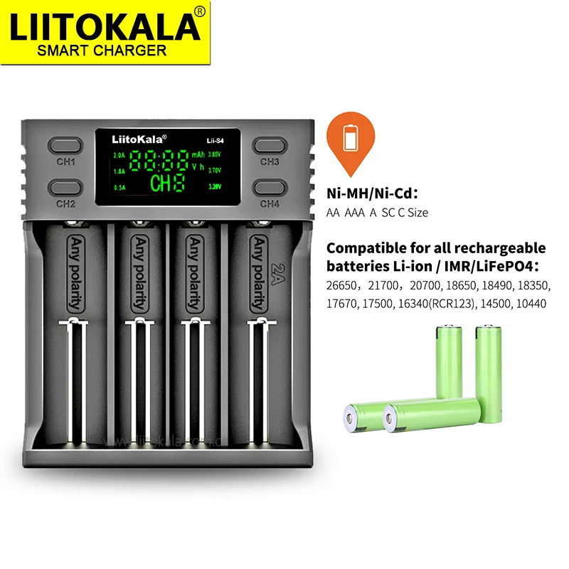 LiitoKala Lii-S2 Lii-S4 Battery Charger Auto-polarity detection For 18650 26650 16340 18350 14500 AA AAA li-ion batteries