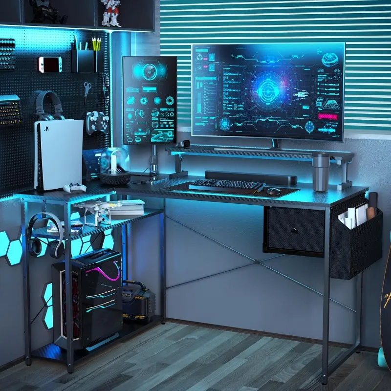 Gaming Desk, L Shaped Gaming Desk, Computer Desk with LED Lights & Adjustable Stand, Power Outlets, Storage Drawer