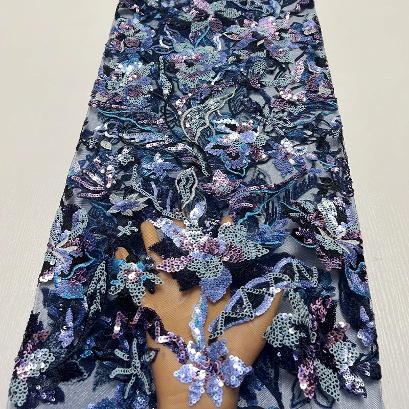 French luxurious lace mesh fabric, African high-quality peony beads, leaf and sequin embroidered lace fabric sewn fabric dress