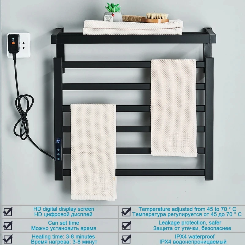 Bathroom Electric Towel Rack Digital Display Temperature Time Control Towel Warmer Rail Smart Home Heated Towel Bar Aluminum