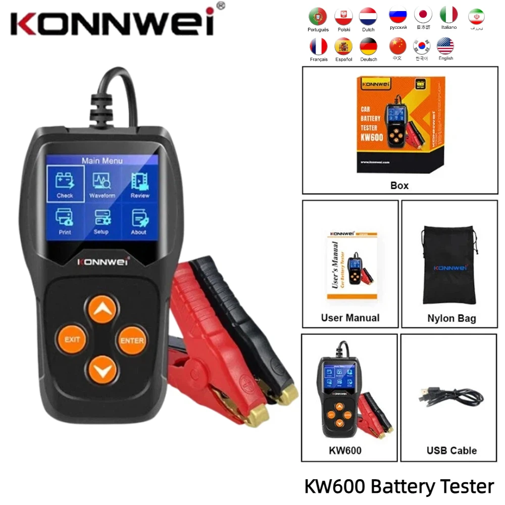 KONNWEI KW600 12V Car Motorcycle Battery Tester Automotive Alternator Analyzer 100-2000 CCA Cranking Charging System Scan Tools
