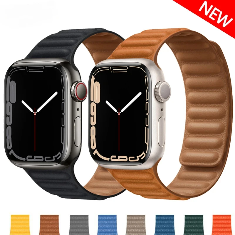 Leather Link For Apple Watch Band 45 41 44mm 40mm 49mm Original Magnetic Loop bracelet iWatch Series 8 Ultra 3 SE 6 7 Strap Belt