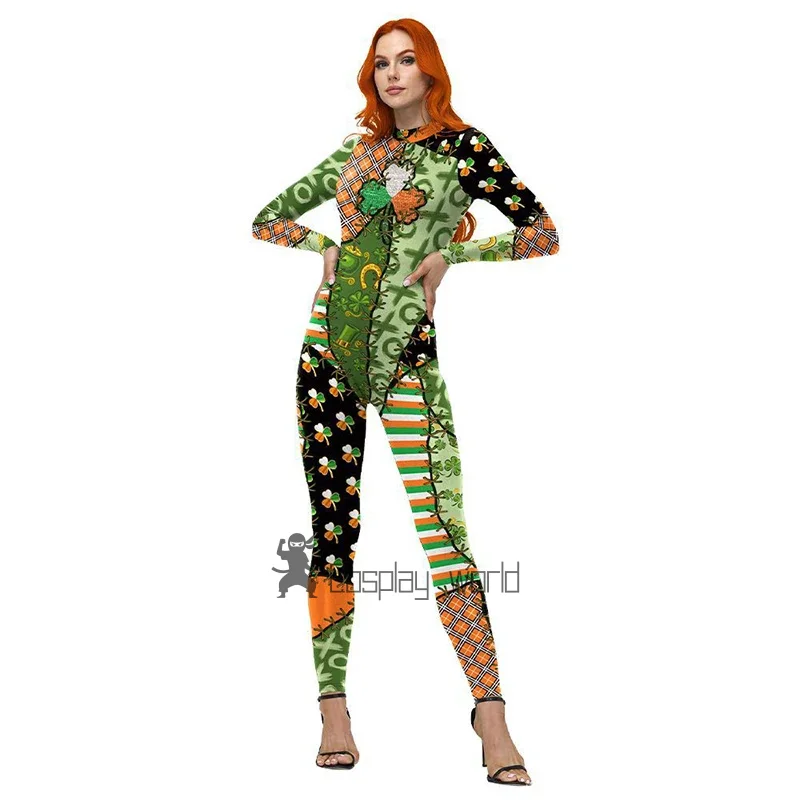 

St Patrick Day Cosplay Costume Women 3D Printed Jumpsuit Polyester Romper Lady Holiday Zenti Party Bodysuit