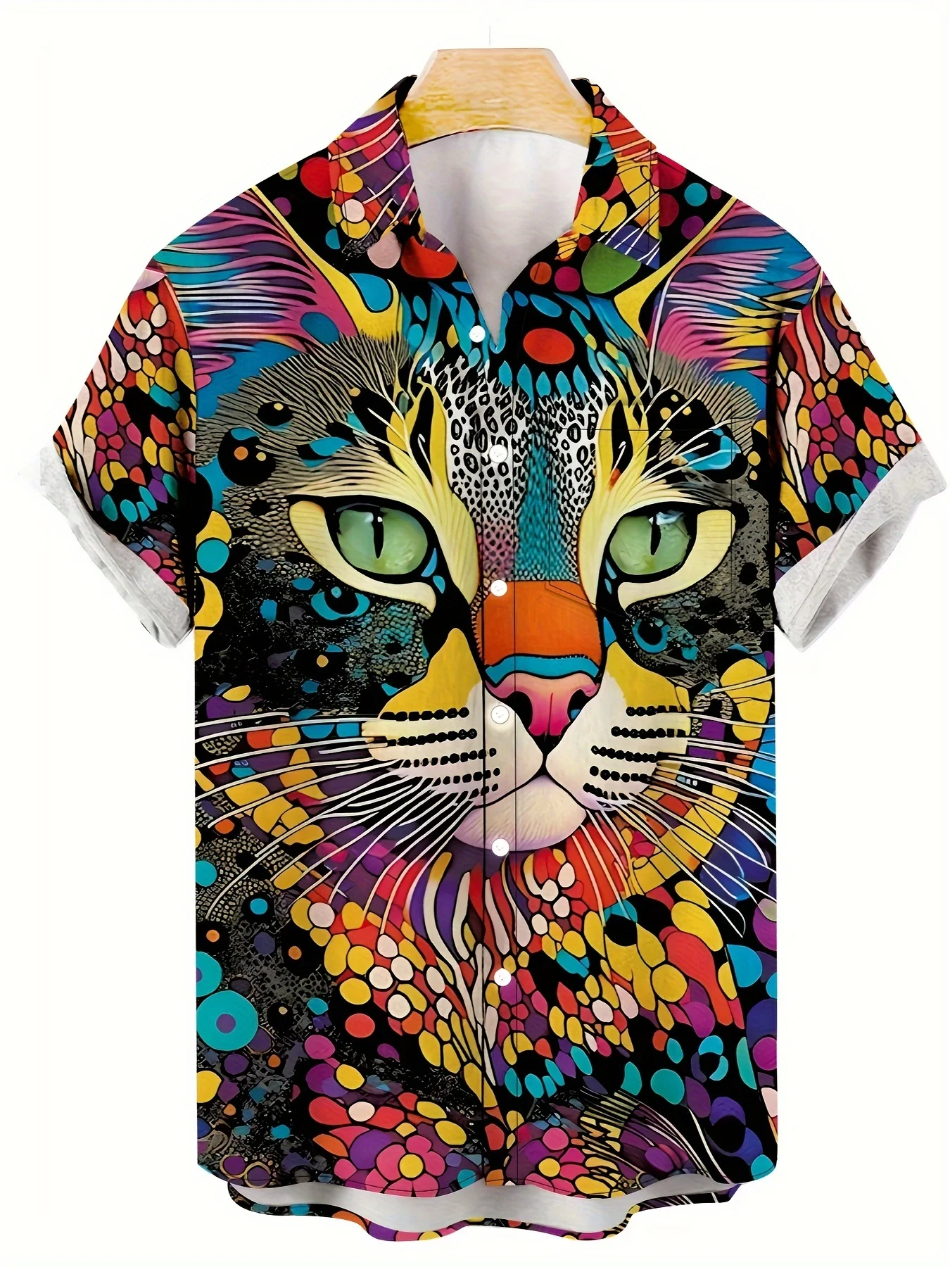 Summer trend casual short sleeve shirt, Hawaiian large size men's cat pattern print shirt