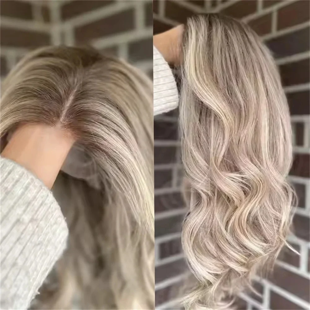 24'' Invisible HD Lace Wig Ash Platinum Blonde Wig Melt Dark Roots Synthetic Lace Front Wig for Women Party Hair Highlights Wig