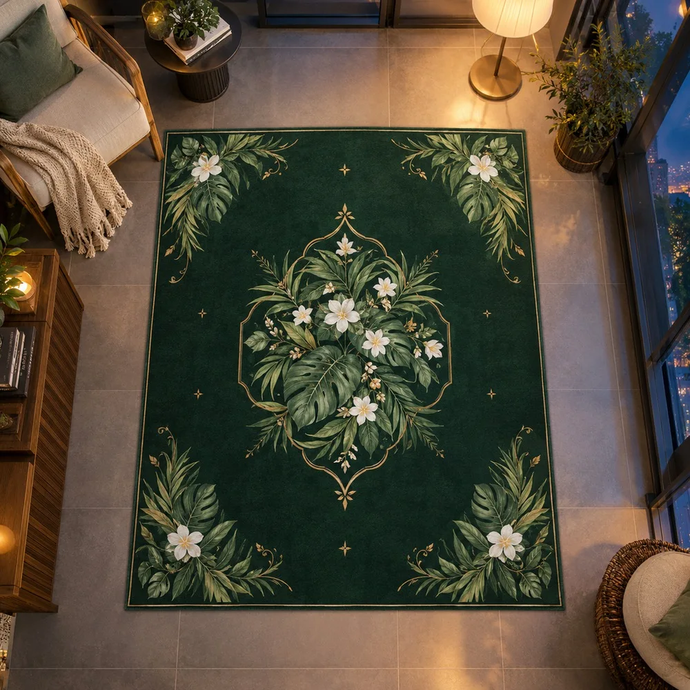 VIKAMA Floor Carpet Forest Green Tropical Leaf Hand Drawn Sunroom Reading Nook Walk In Closet Bathroom Modern Home Decor