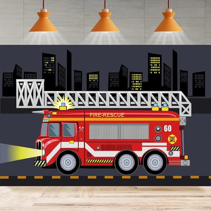 Firetruck Photography Backdrop Fire Truck Fire-Rescue Boys Fireman Birthday City Background Party Backdrop Wall Banner Decor