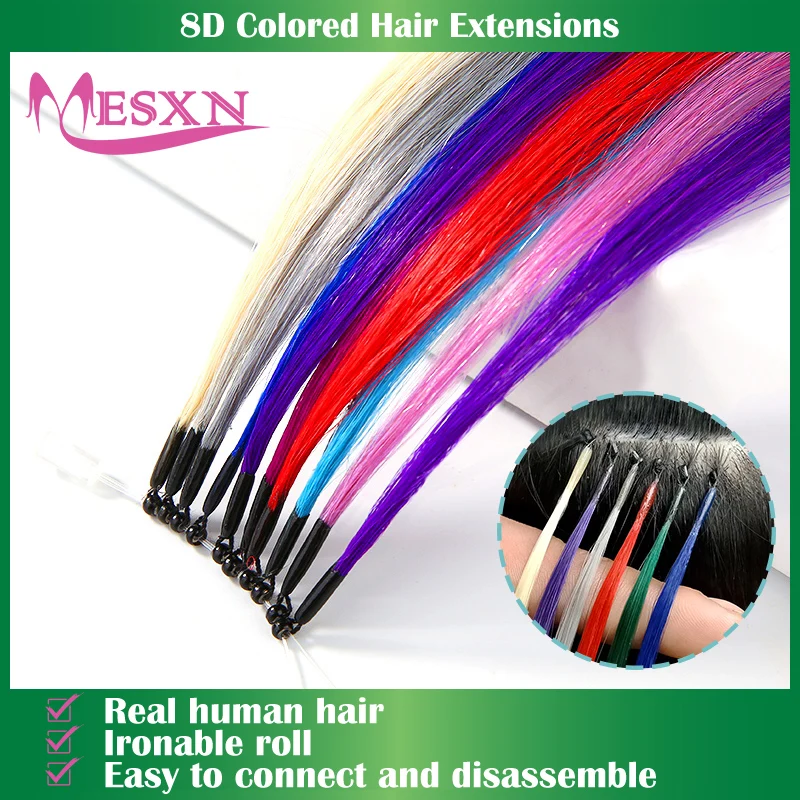 MESXN Color  8D Tip Hair Extensions Natural Real Human Microbeads Hair Extensions  Color Purple Blue Pink Gray 20inch 0.5g/Stran