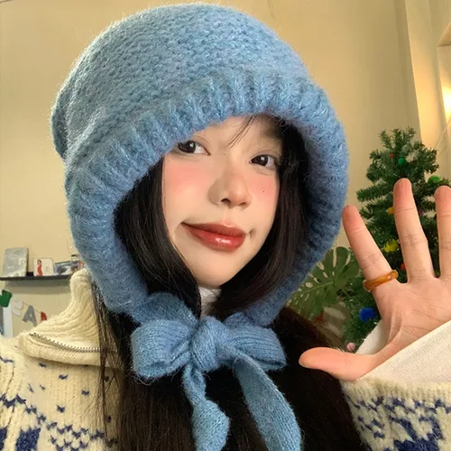 재미있는 두꺼운 니트 모자 이중 사용 가방, 여성용 따뜻한 풀오버 모자 스트랩, 스컬리 사이클링 귀 보호 캡 액세서리, 겨울 