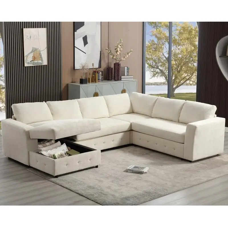 

110.75 Inch U Shaped Sectional Sofa with Chaise Storage, Oversized Modular Design, Upholstered in Beige Chenille, Ideal for