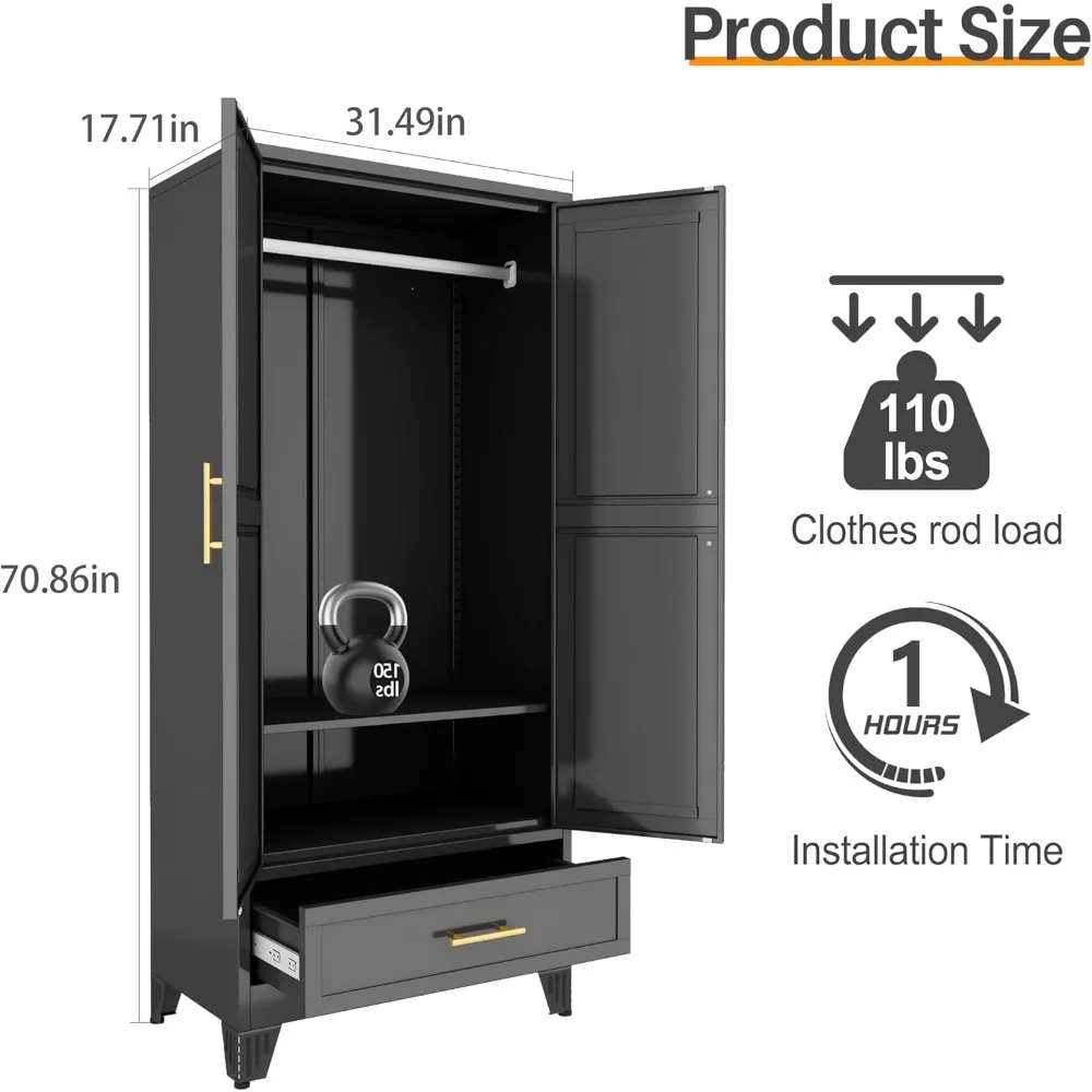 خزانة ملابس معدنية طويلة مع مرآة ودرج وأرفف قابلة للتعديل وقضيب تعليق لغرفة النوم #2