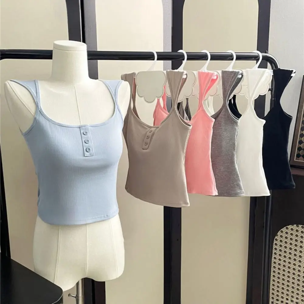 

Fashion Square Neck Sleeveless Crop Top Vest Slim Fit Sweet Girl's Tank Top Female Clothing Simple Camisole with Pads Summer