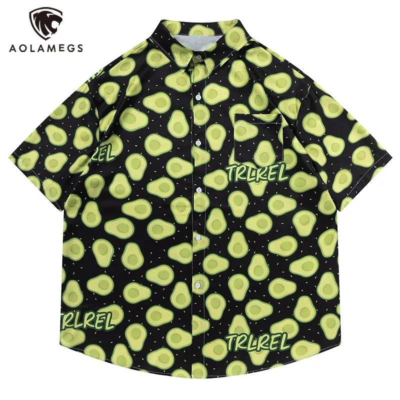 Men Summer Short Sleeved Shirt Avocado Green All Over Printed Shirt Hawaiian Beach Casual Top Fresh Interesting Loose Top Unisex