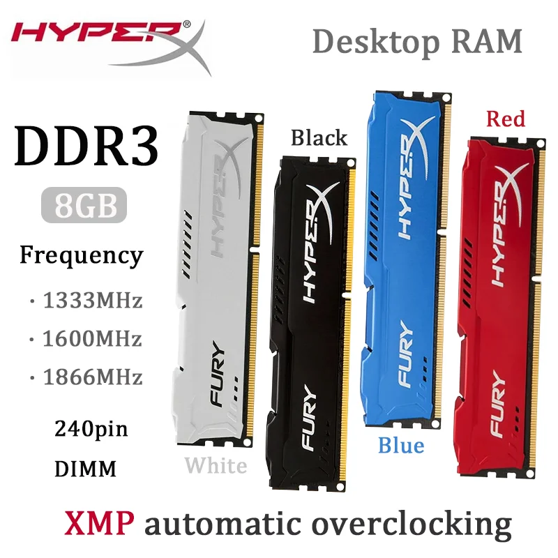 

HyperX DDR3 Fury RAM for PC 8GB 1333 1600 1866MHz 240Pin UDIMM 1.5V 2xPC3-12800 2xPC3-14900 XMP Desktop Memory