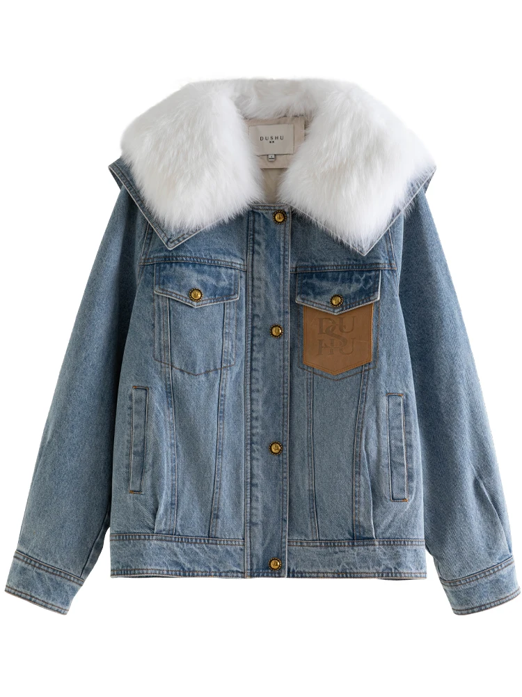 DUSHU 41G Filling Capacity Women Denim Blue Down Jackets Detachable Fur Collar Design Female Casual Winter Down Coats