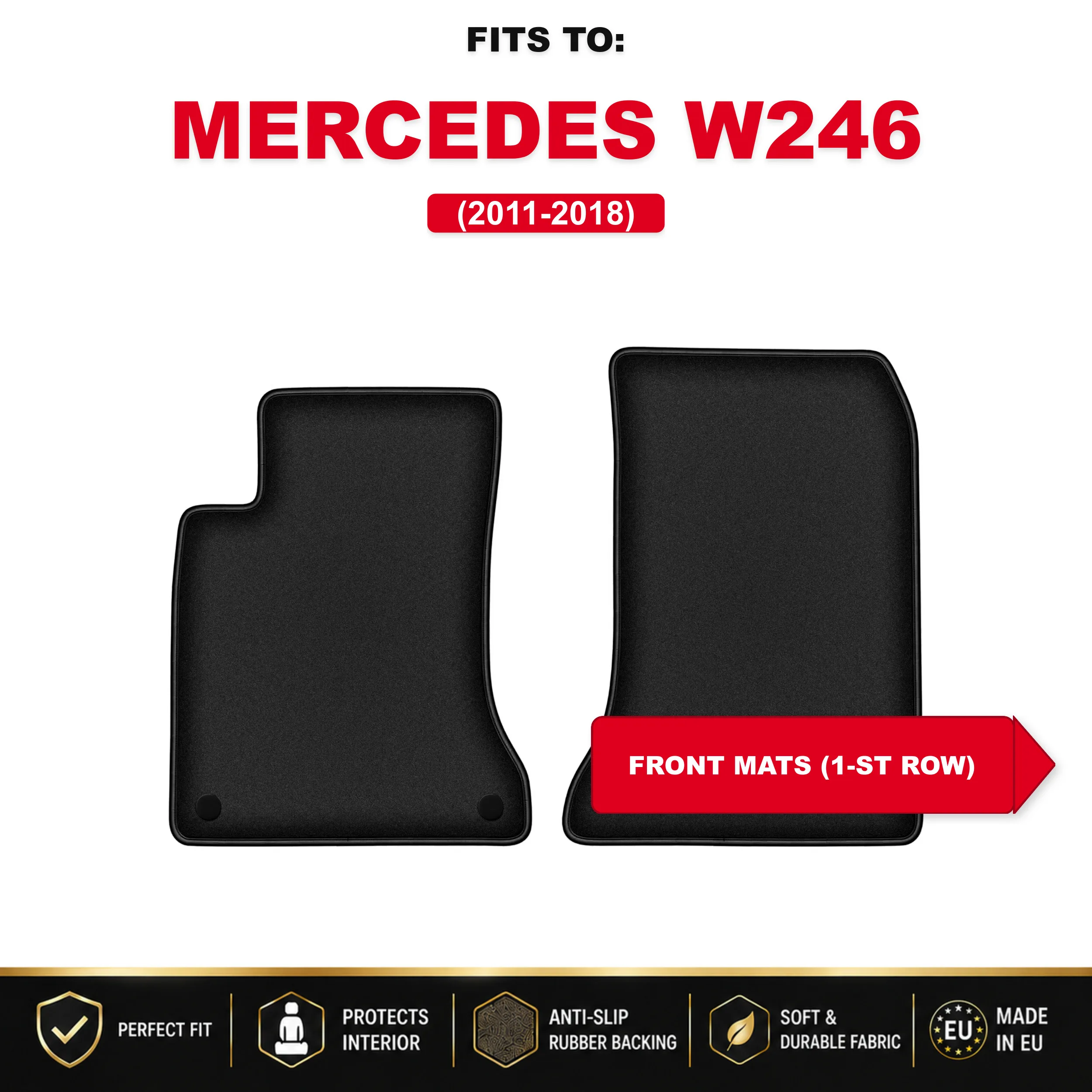 Voorste velours vloermatten, zwart, 2 stuks. Voor: Mercedes CLA C117 2013-2019 set autotapijtmatten voor de voorkant van het voertuig voor de vloer van het voertuig