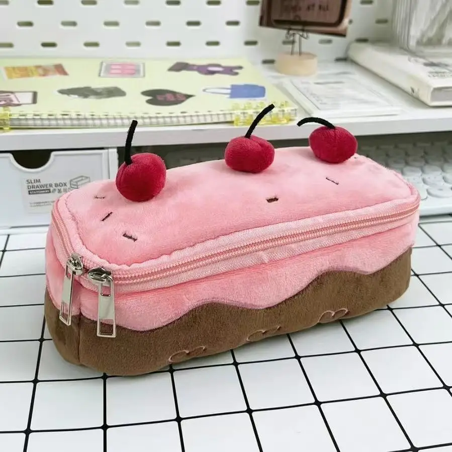 Plush Cute Pencil Bag Cherry Cake Pencil Case Large Capacity Student Stationery Storage for Girls Kids Back to School Gift