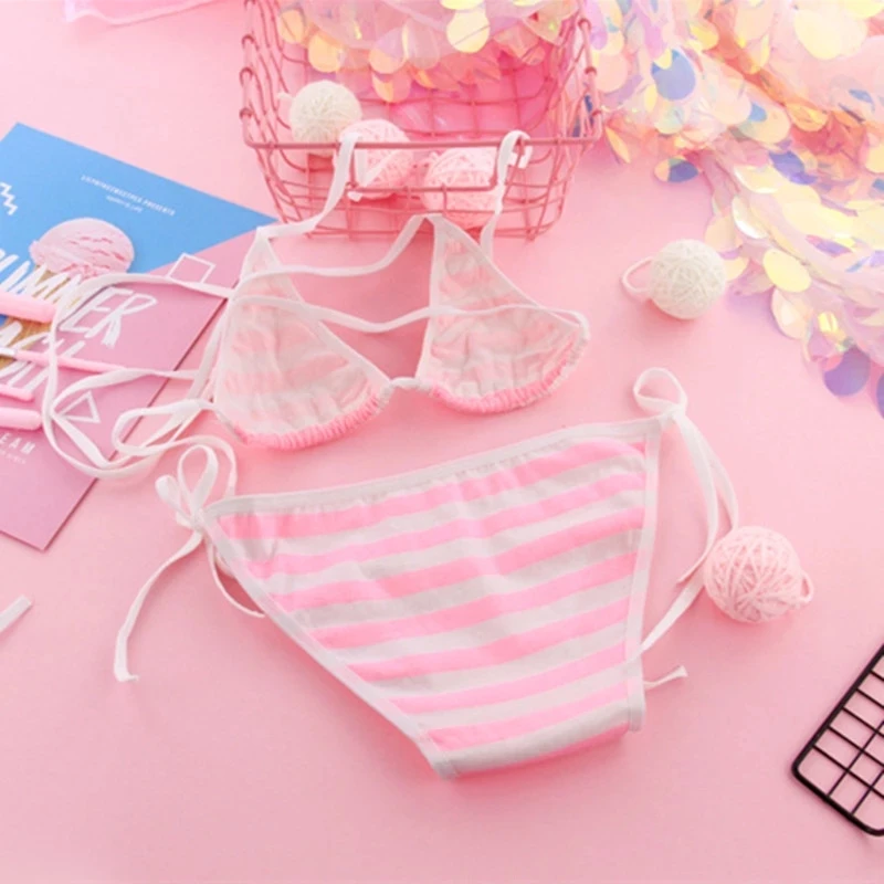 Áo Lót Ren Kawaii Màu Xanh Sọc Trắng Phù Hợp Với Bộ Anime Cosplay Gợi Tình Trang Phục Đồ Bơi Áo Ngực Bra Nữ Bộ Đồ Lót Bikini Grils