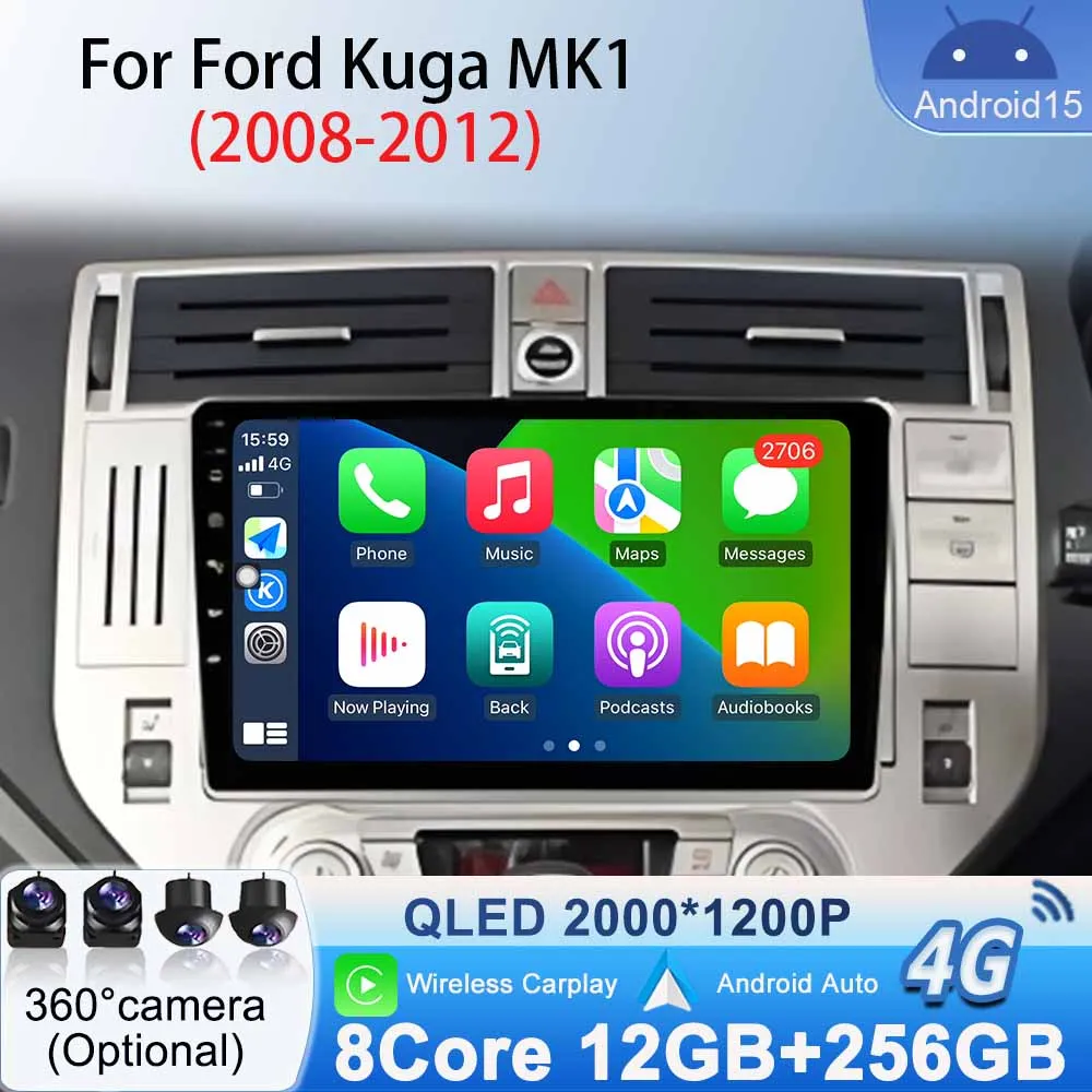 DSP أندرويد 15 لفورد كوغا MK1 2008-2012 راديو السيارة ستيريو نظام تحديد المواقع والملاحة 2K شاشة Carplay 4G واي فاي سيارة فيديو مشغل وسائط متعددة