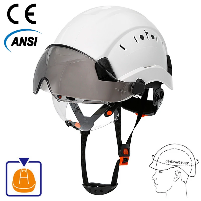 Capacete de segurança de construção ce com viseira, óculos embutidos para engenheiro, capacete abs, boné de trabalho industrial ansi, proteção de cabeça, novo