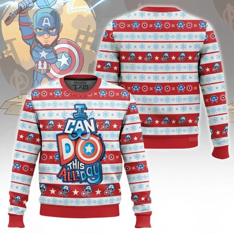 

Marvel superhero Captain America Christmas Ugly Sweater Shield Snowflake Red Blue White Holiday Atmosphere Trendy Dressing