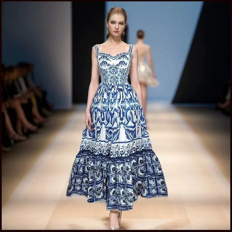 

Blue And White Porcelain Print Maxi Dr Summer New Arrival Svel Gown with Belt Ele Lady Sle Floral Patterned Dr