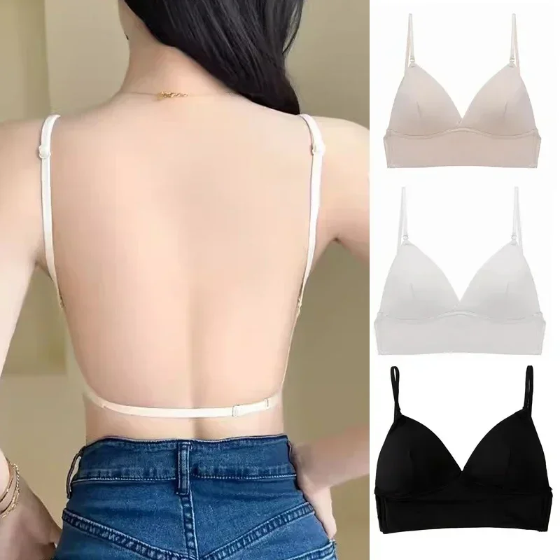 Women Backless Bra Sexy Deep V Tube Top Underwear Ice Silk Soft Seamless Invisible Brassiere Wire Free Bras Thin Cup Bralette