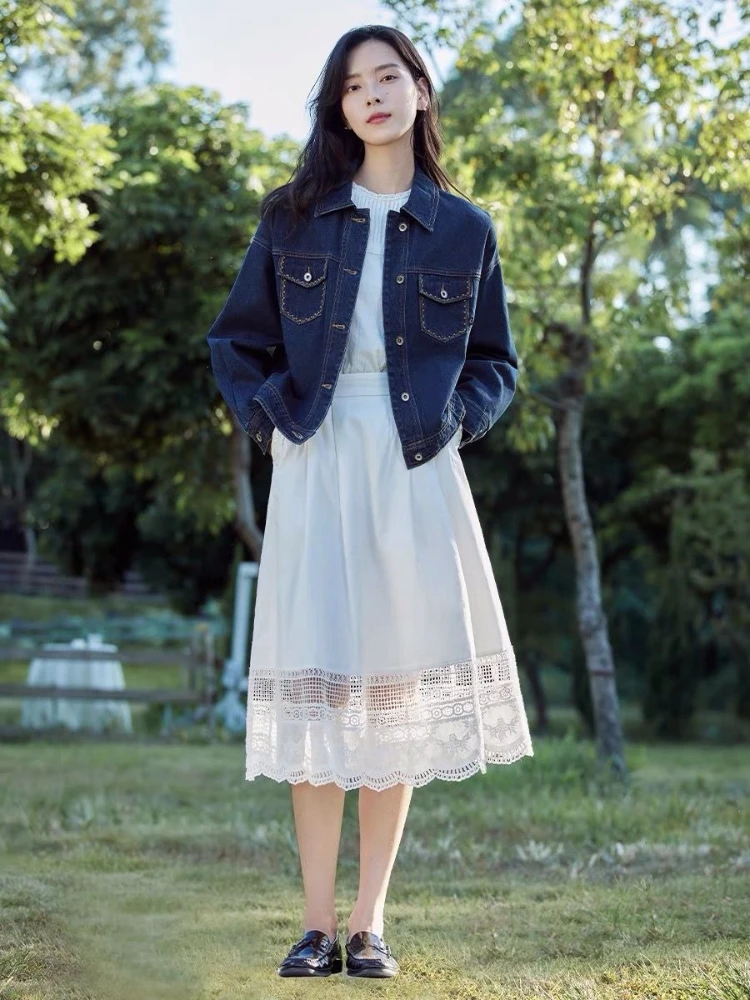 

Женская винтажная джинсовая куртка с воротником, короткая, весна-осень 202, повседневная, минималистичная, нишевая, для похудения, универсальный студенческий тон