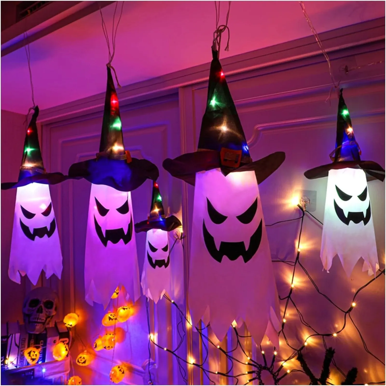 

5 Pcs Halloween Witch Shiny Hats with Lights 45cm Waterproof LED Luminous Ghost Pendant for Home Party Yard Garden Haunted House