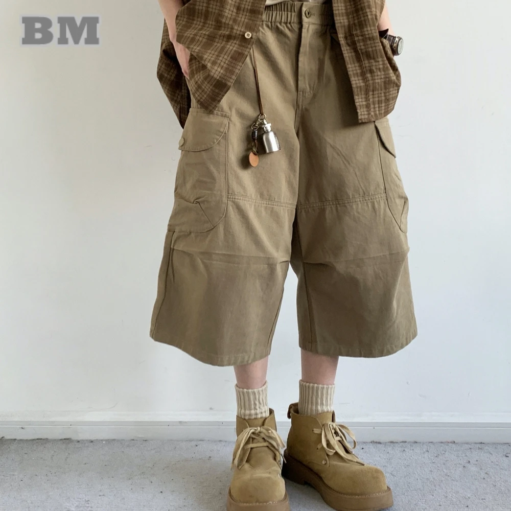 

Японские винтажные брюки-карго унисекс, летние шорты длиной 3/4, рабочая одежда с несколькими карманами, повседневная прямая хлопковая модная уличная одежда