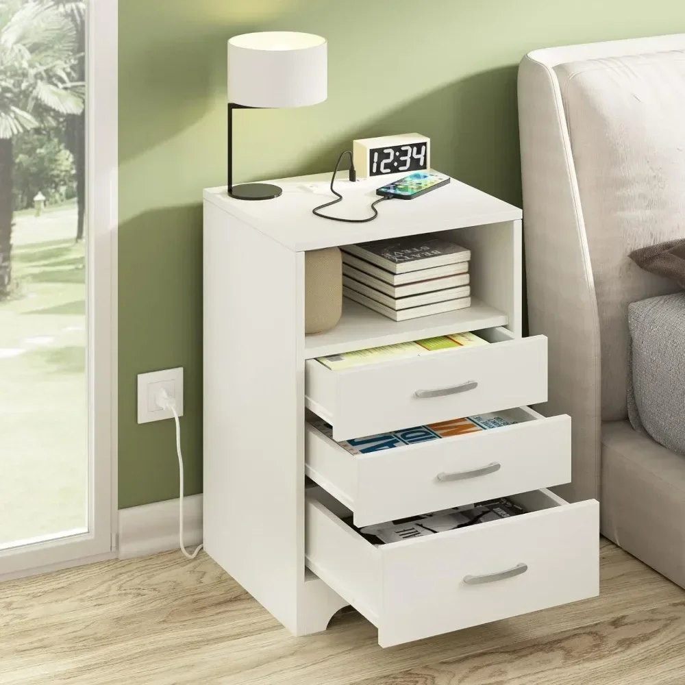 White Nightstand with Charging Station, Modern End Side Table with 3 Drawers, Wooden Cabinet Stand by Sofa, Bedside Tables for