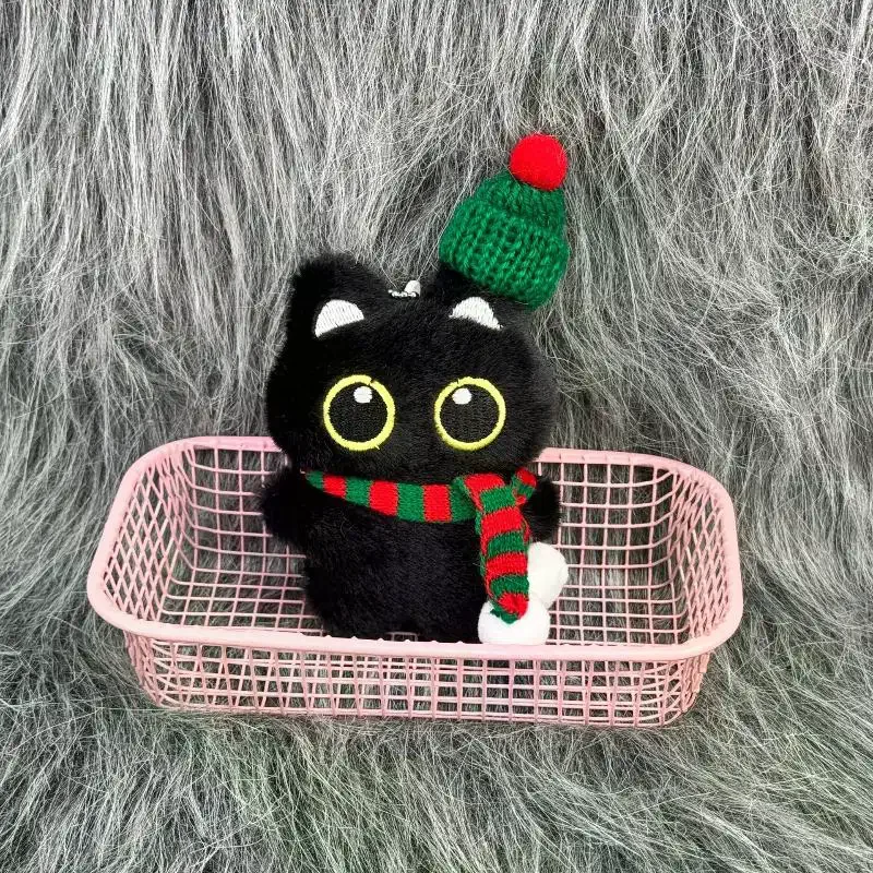 Cartoon Christmas Plush Black Cat Keychain Backpack Hanging Decoration Kawaii Soft Stuffed Doll Toy Bag Pendant Couples Gift