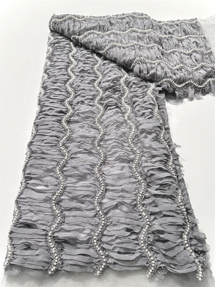 新デザインのアフリカのスパンコールレース生地2025高品質3Dフランスビーズレース生地ナイジェリアの花嫁のためのウェディングパーティードレス