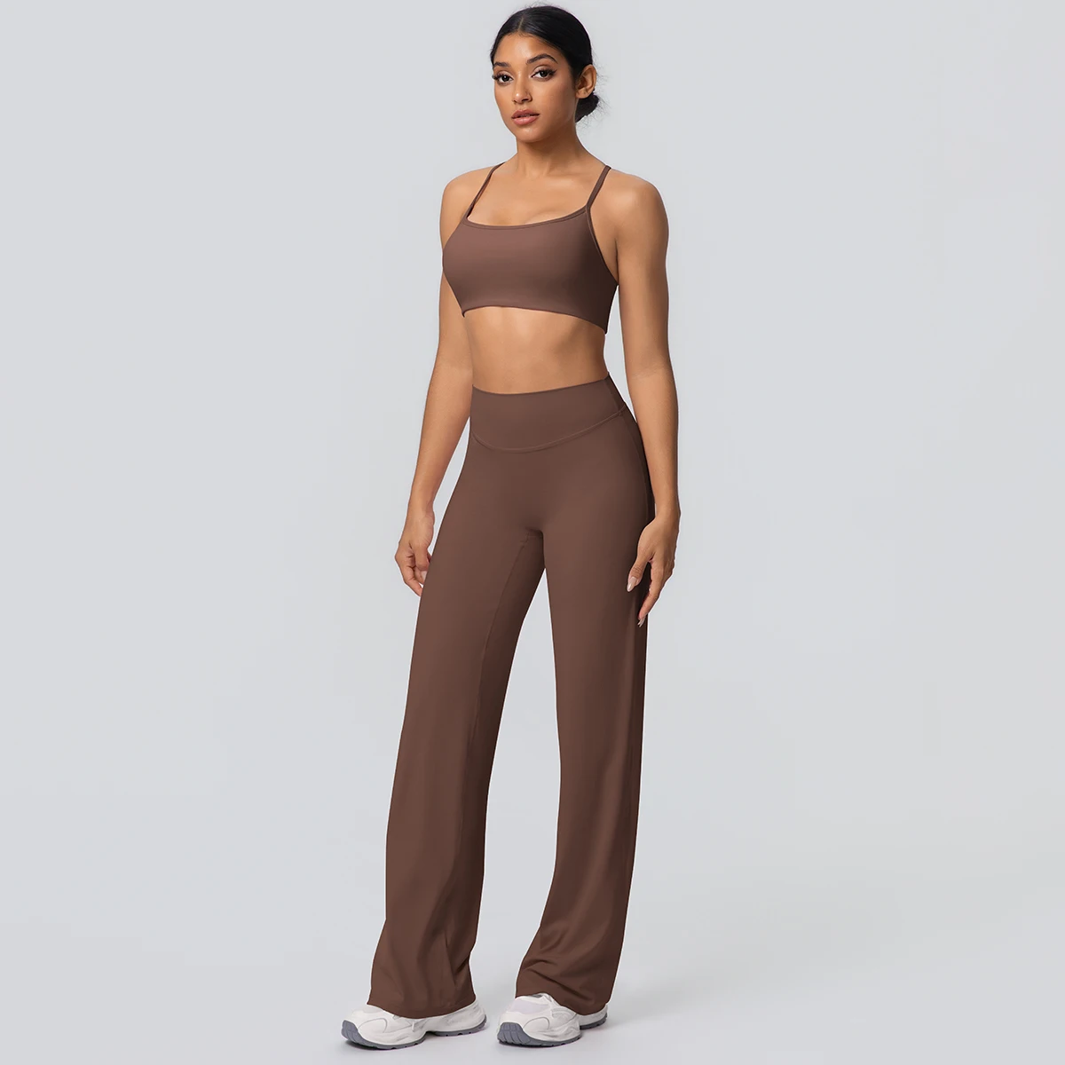 Frauen Gym Sport Yoga Anzug Sexy Schöne Zurück Yoga Unterwäsche Mit Brust Pad Einfarbig Hohe Taille Breite Bein Hosen Yoga Set – Detail 9