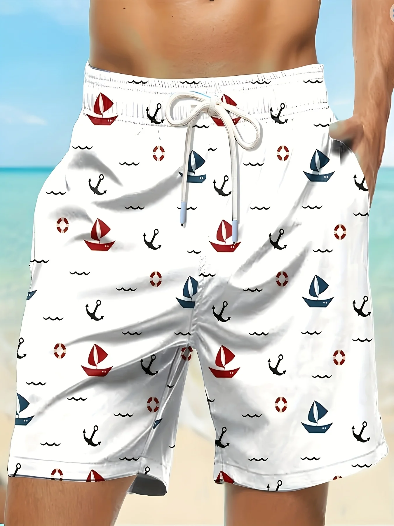 

Men's Casual Boat Print Comfortable Beach Shorts for Couples, Outdoor Casual Versatile Home Wear, Bermuda Breathable Quick-Dryin