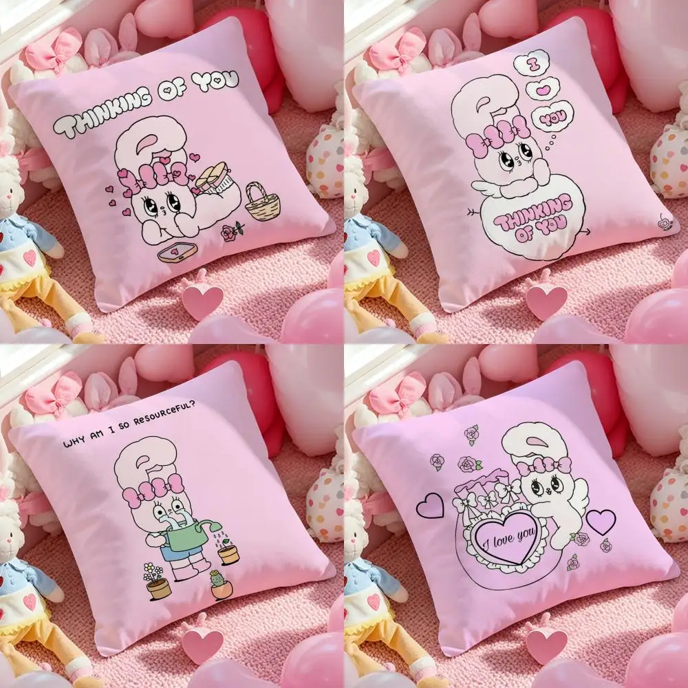 E-Esther Bunny Pink Cute Cushion Cover Pattern Printed Pillo