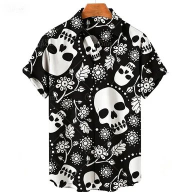 Black and White Skeleton Rose Men's Hawaiian 3D Print Short Sleeved Shirt