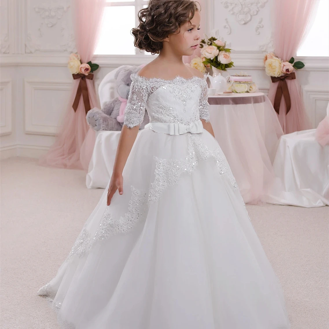 Customized White Flower Girl Dress For Wedding Bowknot Glitter Short Sleeve Floor Length Kids Birthday First Communion Gown