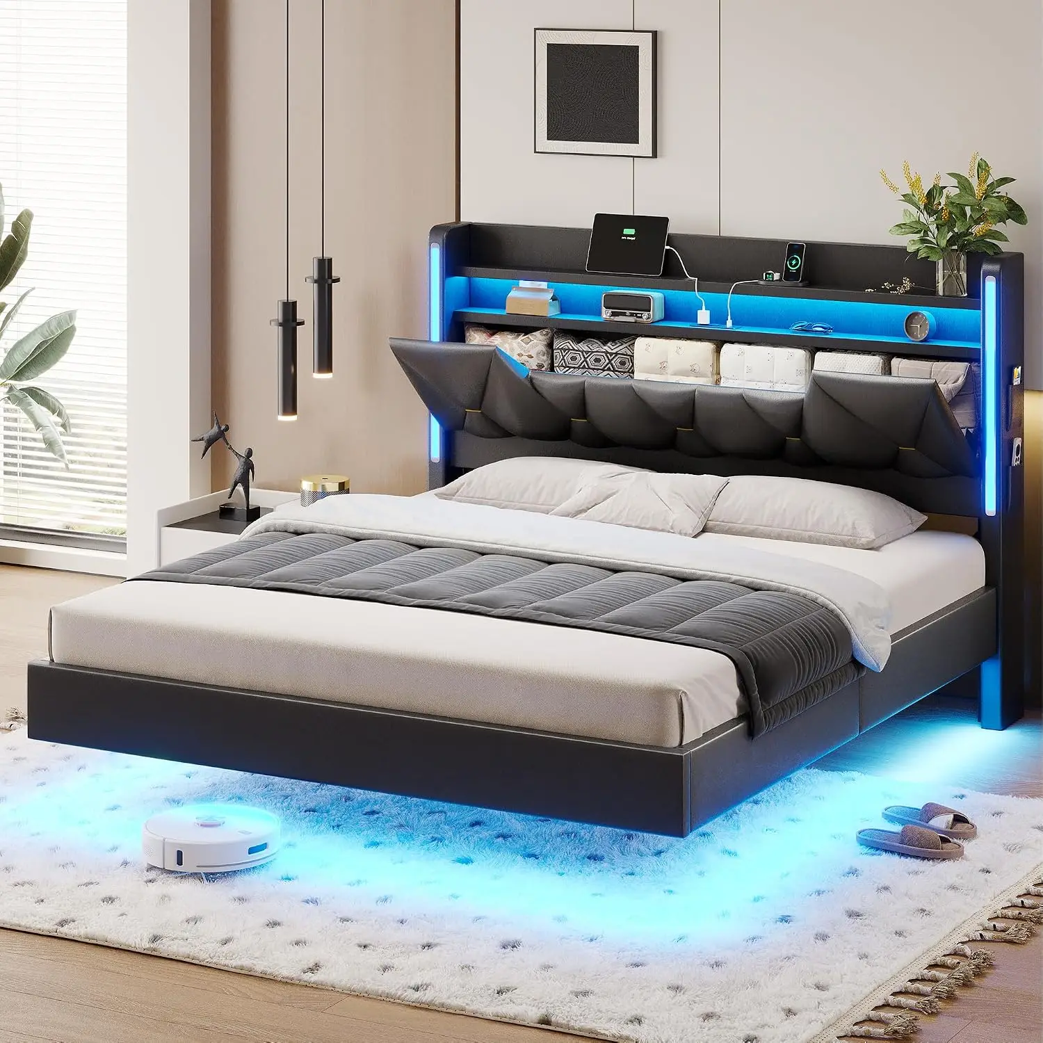 Floating Bed Frame Queen with Storage Headboard and RGB Lights, Customized